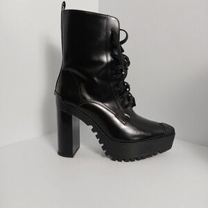 Schutz Black Patent Leather Lace Up Combat Boots Chunky Platform Heel Womens 8.5